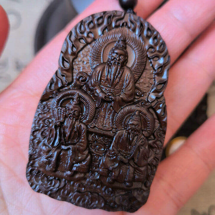 Taoist Jade-Infused Thunder struck Jujube Wood Three Pristine Ones Rotatable Bagua Pendant