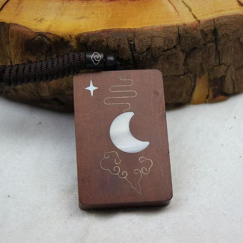 Lightning Jujube Wood "Peace Plaque" Pendant with Silver Inlaid Sun, Moon, and Stars
