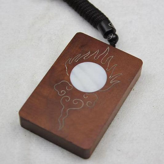 Lightning Jujube Wood "Peace Plaque" Pendant with Silver Inlaid Sun, Moon, and Stars