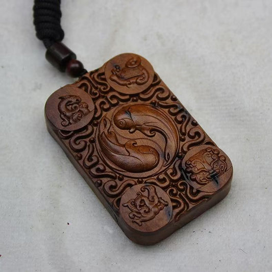 Lightning Jujube Wood 'Peace Plaque' Pendant with Bagua, Celestial Guardians & Yin-Yang