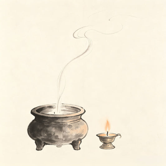 香火 Xiāng Huǒ — incense and lamp fire offerings before a Taoist altar