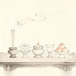 五供 Wugong — the five standard Taoist altar offerings arranged in ritual formation
