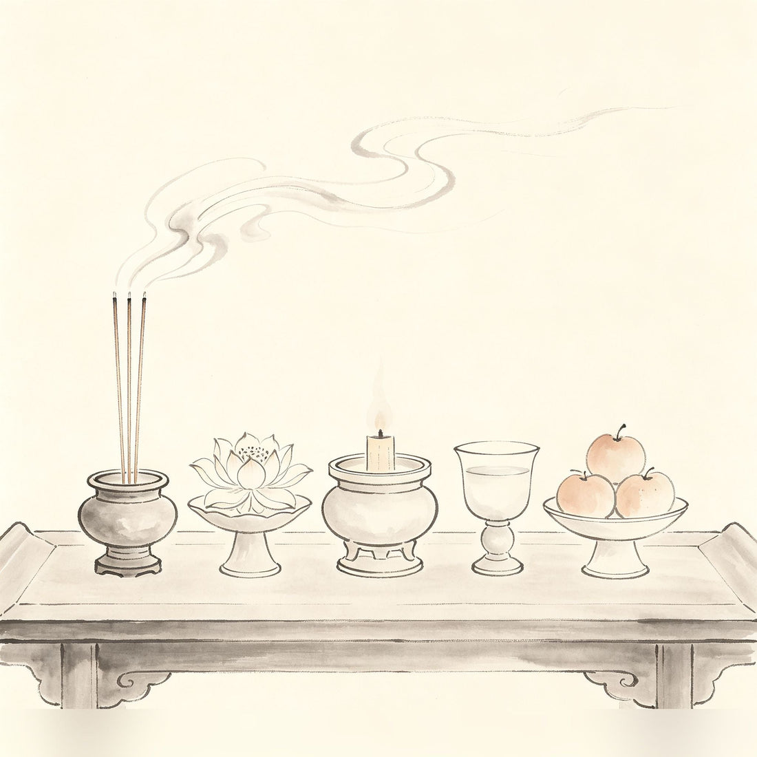 五供 Wugong — the five standard Taoist altar offerings arranged in ritual formation