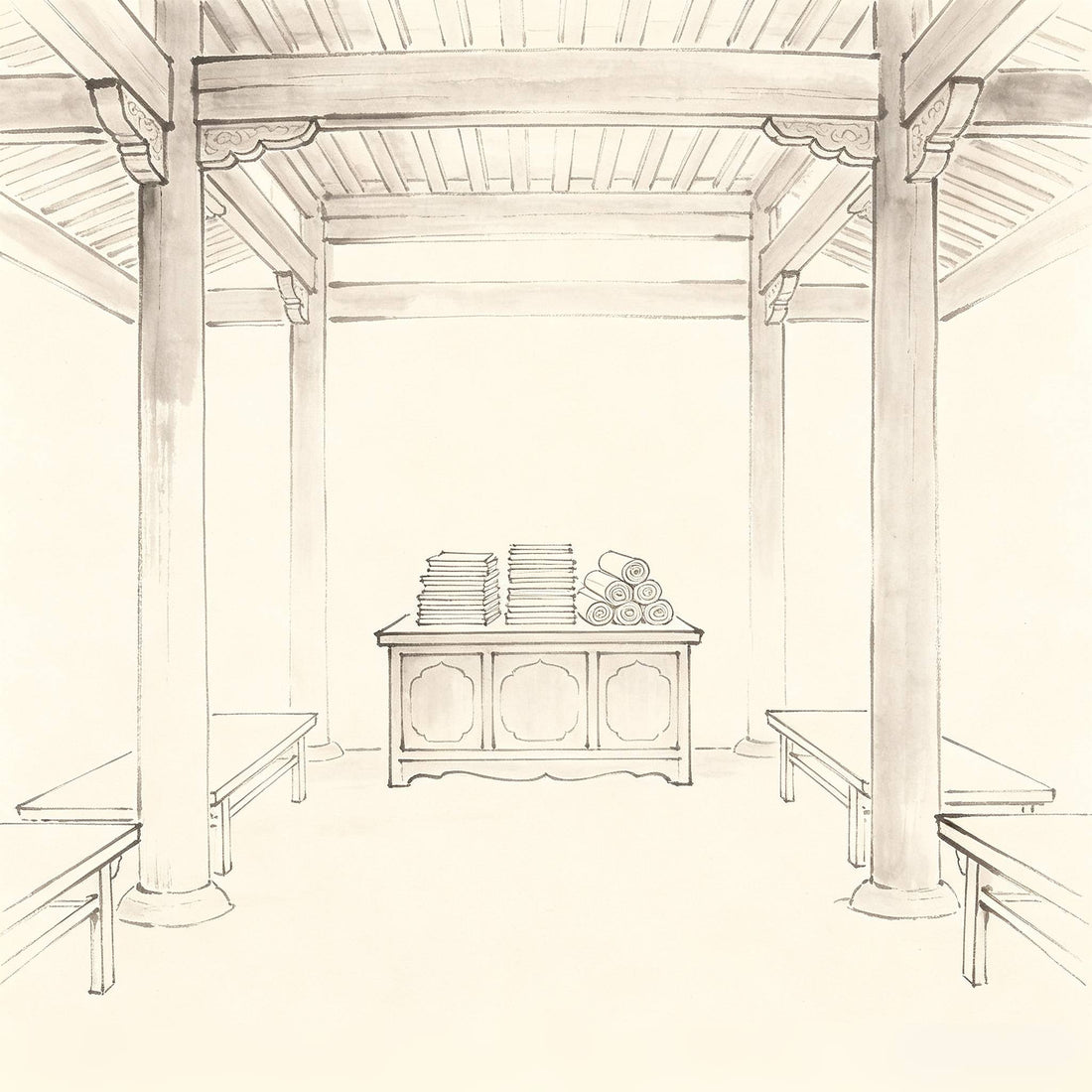 经堂 Jingtang — Taoist scripture hall interior with scripture cabinet and recitation space