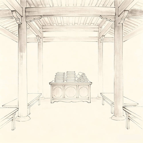 经堂 Jingtang — Taoist scripture hall interior with scripture cabinet and recitation space