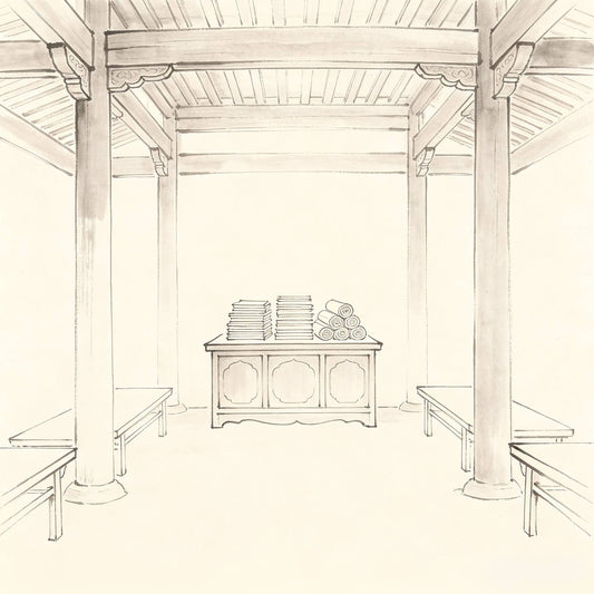 经堂 Jingtang — Taoist scripture hall interior with scripture cabinet and recitation space
