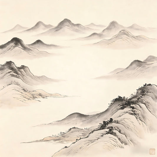 Eight mountain peaks at the edges of the world surrounding a vast empty center, traditional Chinese ink painting