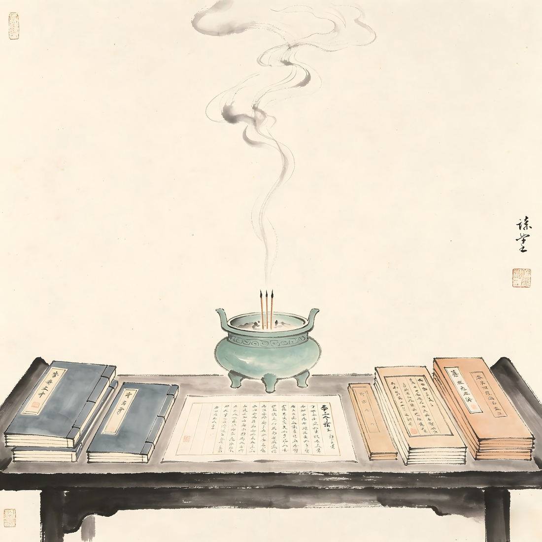 Taoist altar with incense smoke and ritual documents in ink wash painting