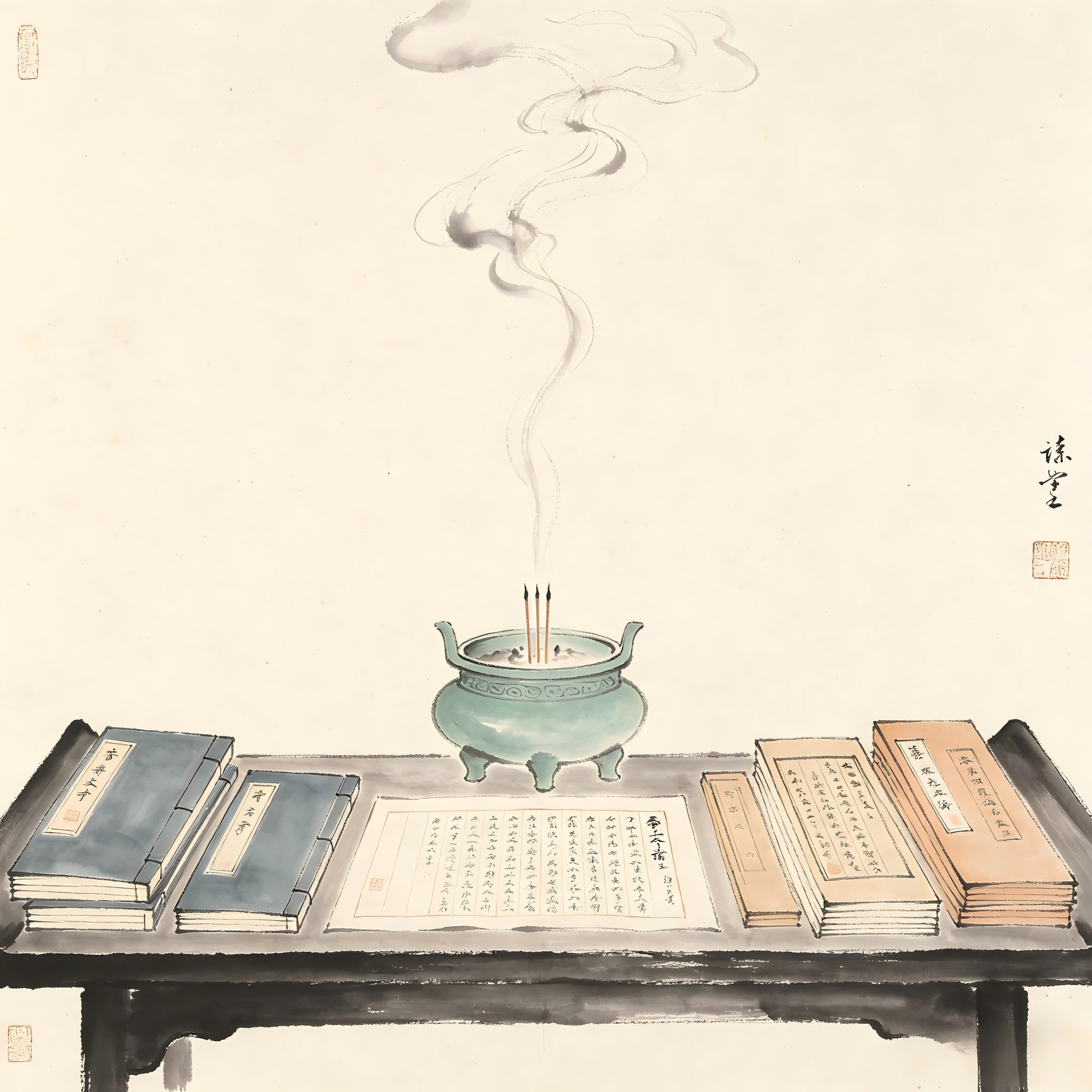 Taoist altar with incense smoke and ritual documents in ink wash painting