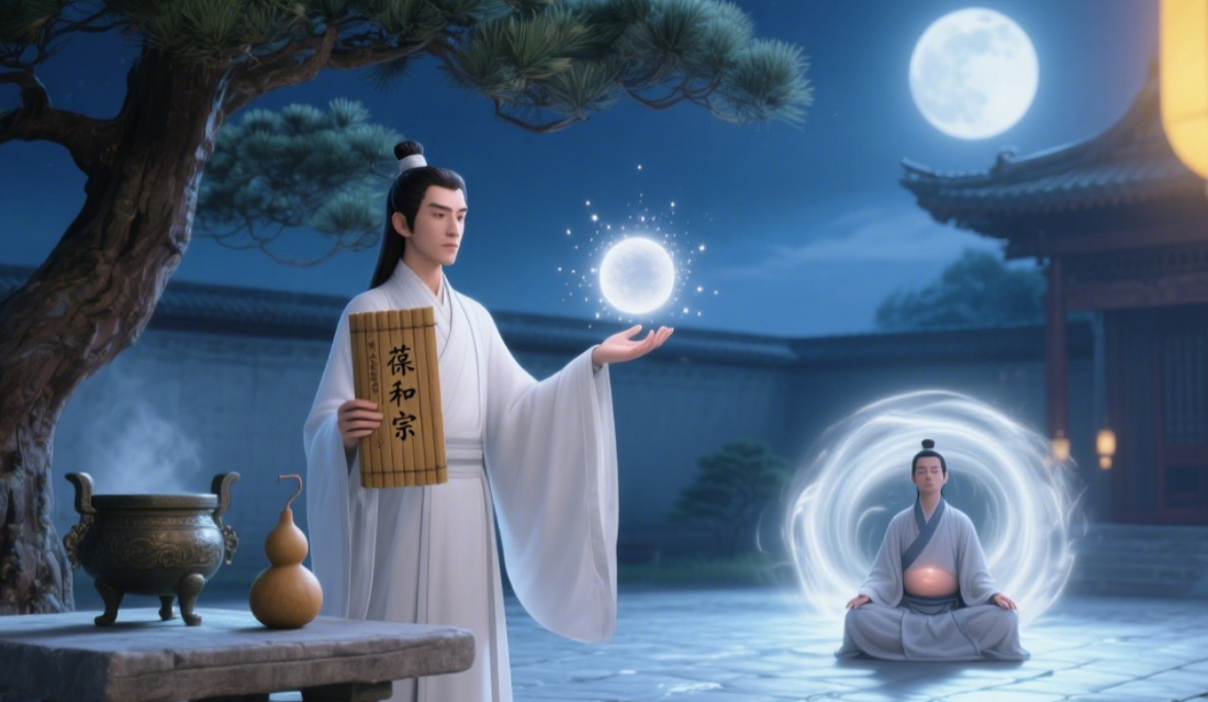 Taoist practitioner in mountain mist practicing bigu grain abstention ink painting
