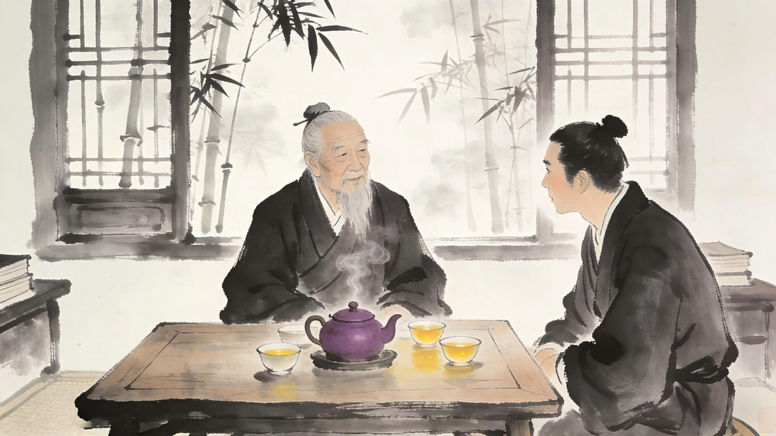 Taoist master and student drinking tea together</p>