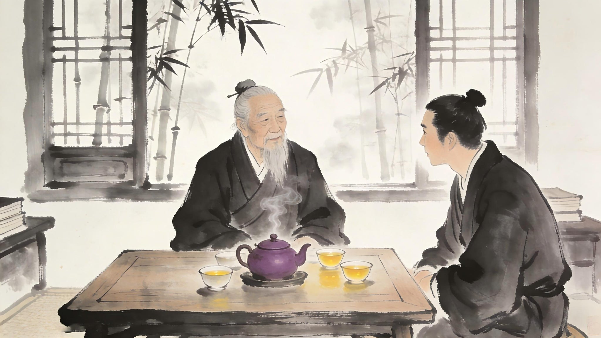 Taoist master and student drinking tea together</p>