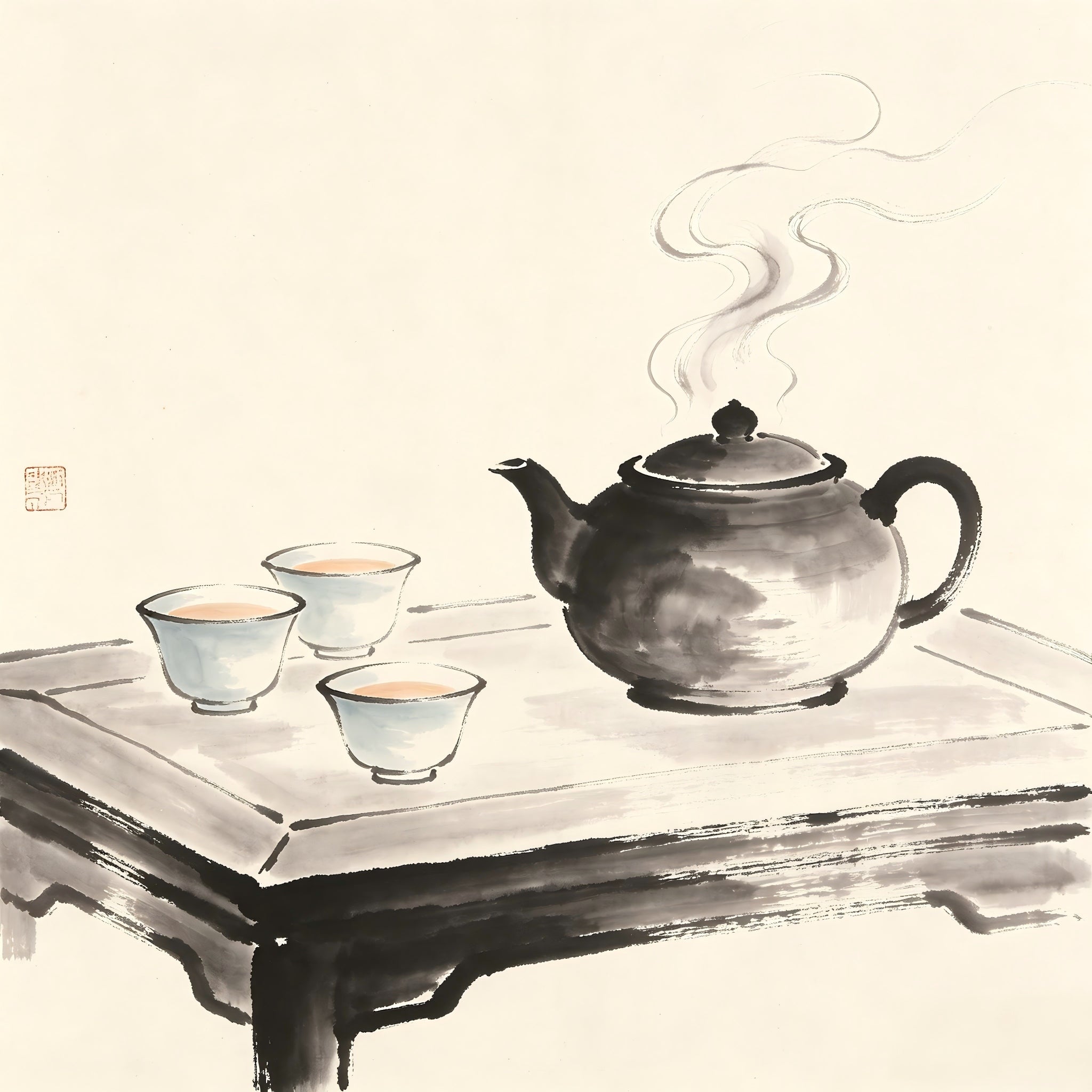 Cha Tou Taoist tea set with boiling kettle ink painting