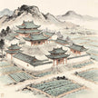 A Taoist temple complex with surrounding farmlands in Chinese ink painting style