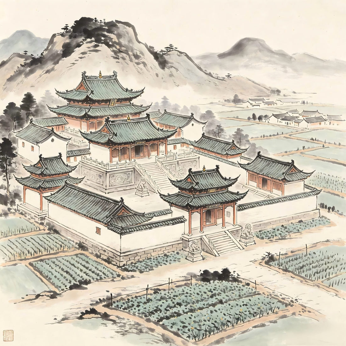 A Taoist temple complex with surrounding farmlands in Chinese ink painting style