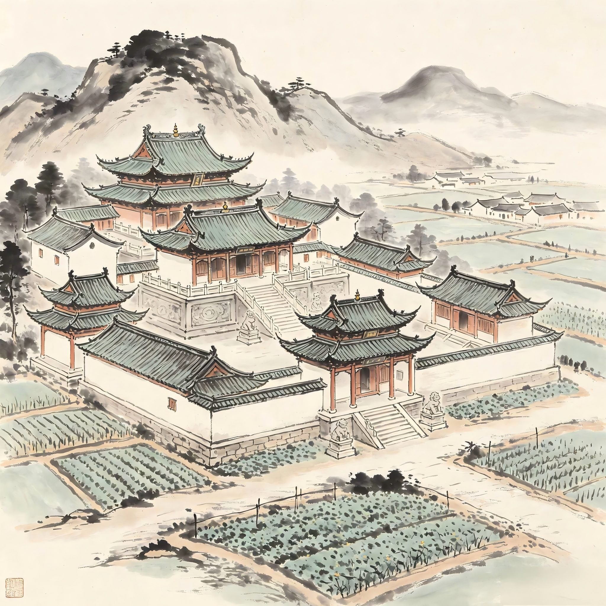 A Taoist temple complex with surrounding farmlands in Chinese ink painting style