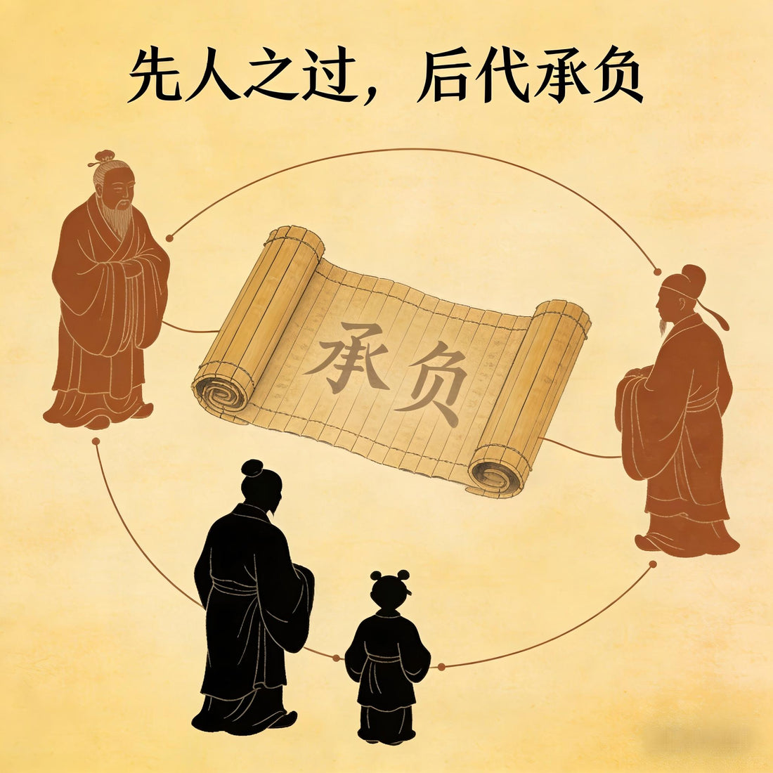 Ancient Chinese scroll depicting moral consequences transmitted across generations
