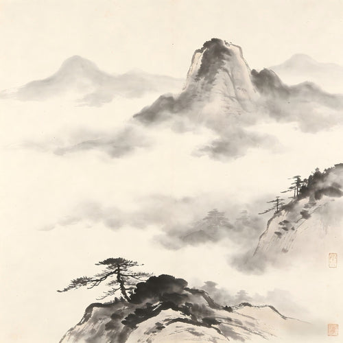 Misty mountain with a solitary peak faintly visible, representing the Taoist Chu Jia rite of leaving home