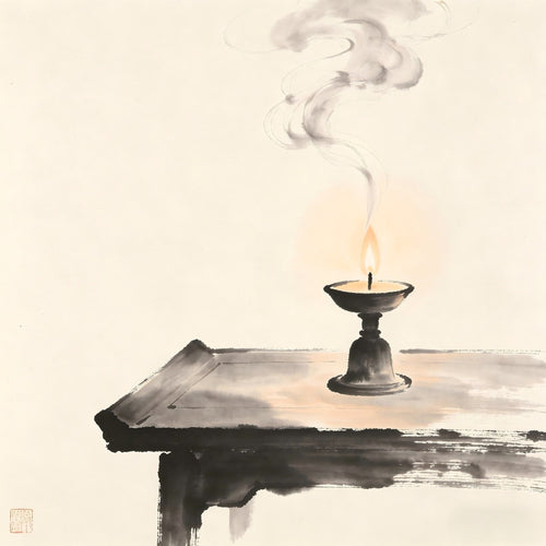 Candle flame and incense glow in dark meditation space