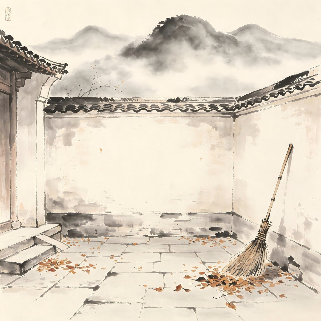 A broom leaning against a wall with fallen leaves in a temple courtyard in Chinese ink painting