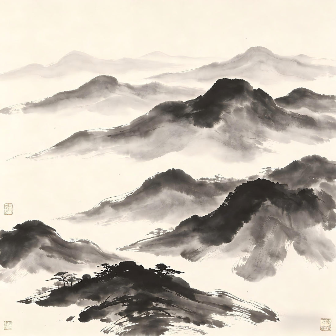 Layered ink painting of vast cosmic worlds extending infinitely, representing the Great Thousand Worlds in Taoist cosmology