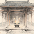 Taoist temple hall with ceremonial altar in traditional ink wash painting
