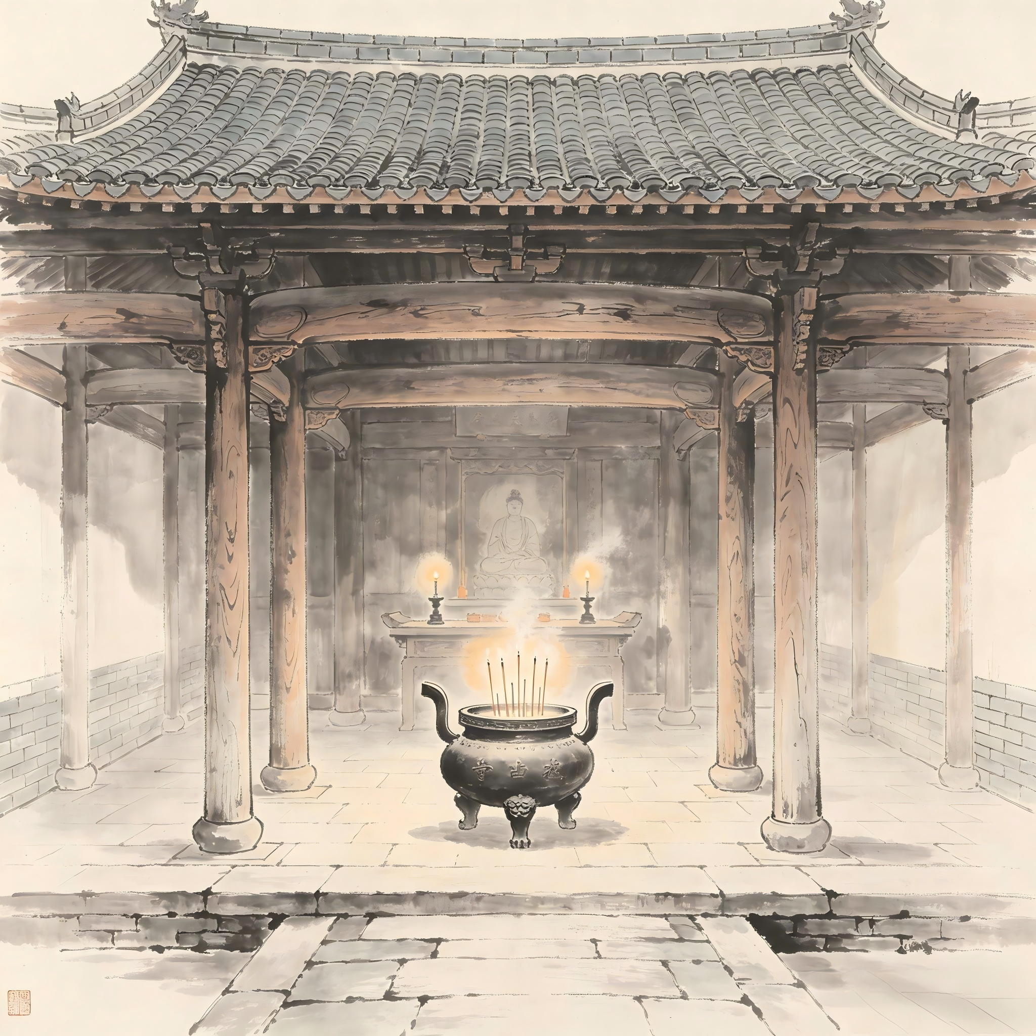 Taoist temple hall with ceremonial altar in traditional ink wash painting