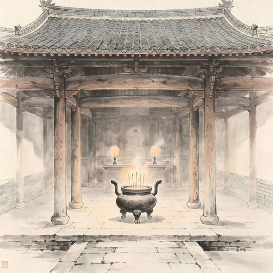 Taoist temple hall with ceremonial altar in traditional ink wash painting