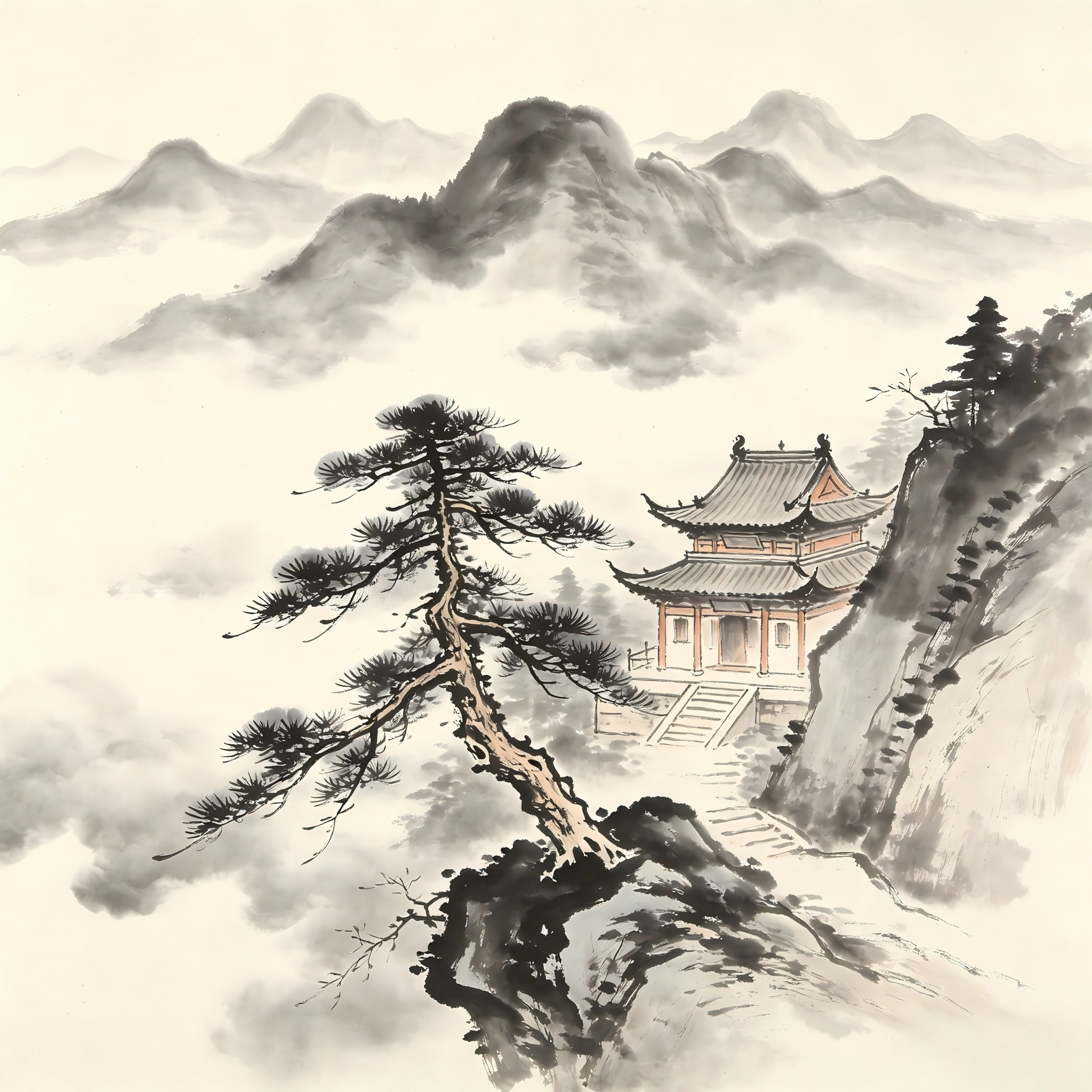 Taoist lay practitioners at mountain temple in traditional ink wash painting