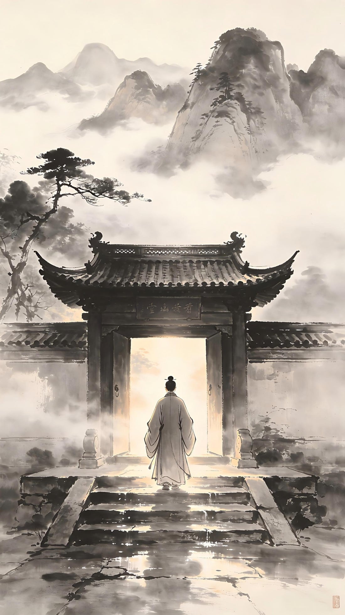 A Taoist practitioner standing at mountain temple gate at dawn, representing the original intention to enter the Dao