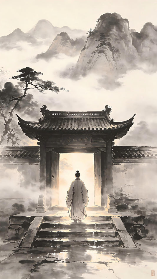 A Taoist practitioner standing at mountain temple gate at dawn, representing the original intention to enter the Dao