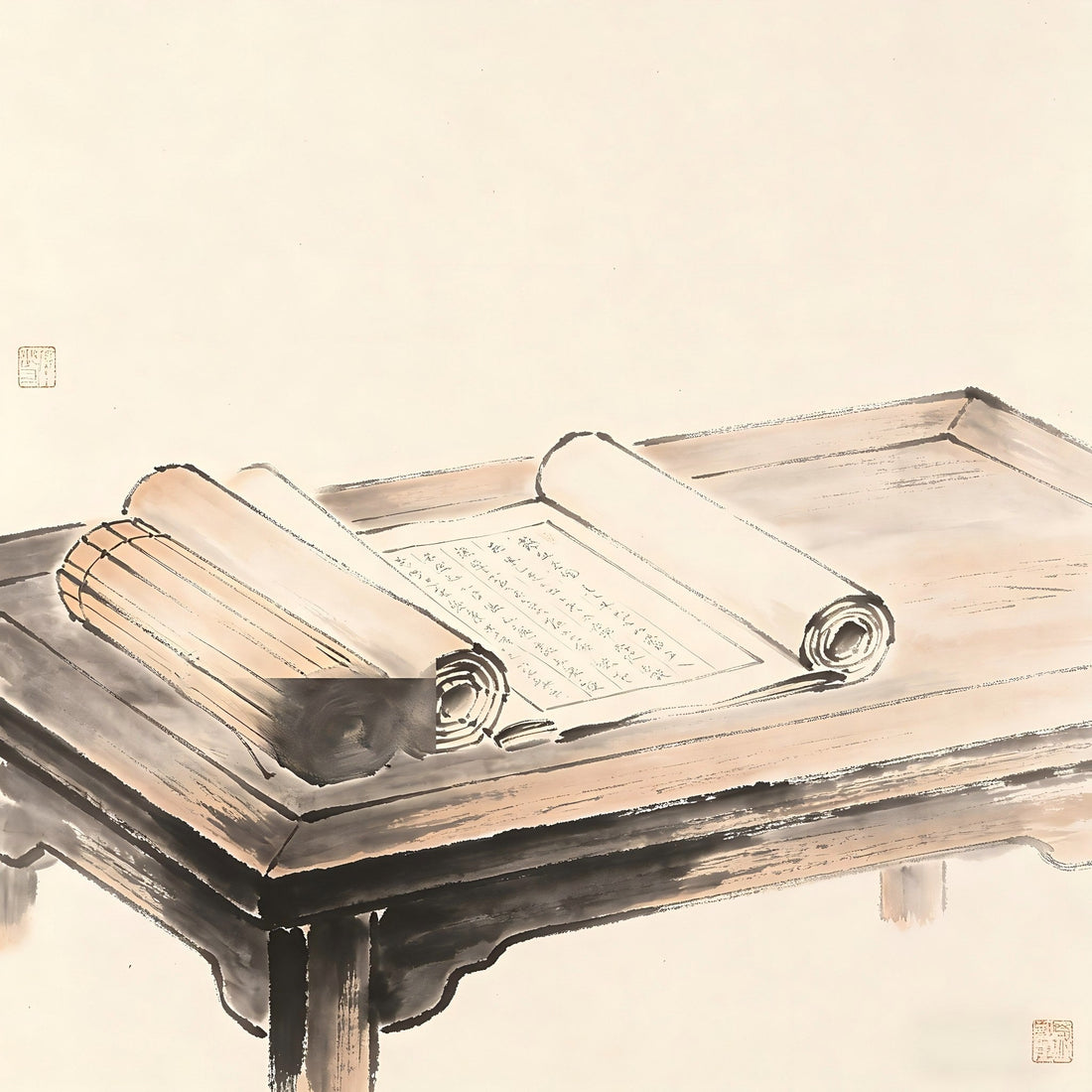Bamboo slips and scrolls arranged on an ancient desk, representing Taoist scientific texts