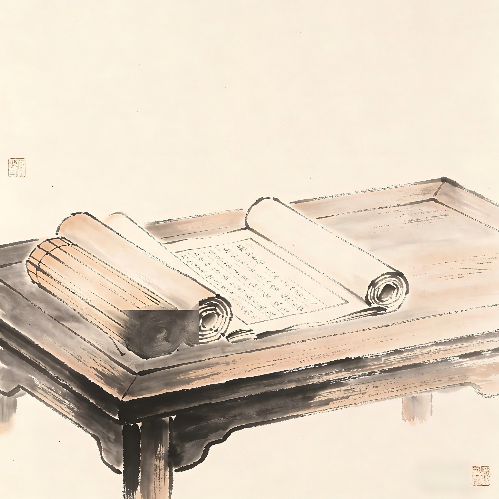 Bamboo slips and scrolls arranged on an ancient desk, representing Taoist scientific texts