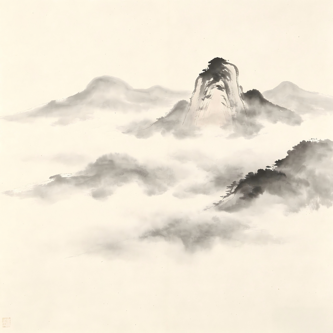 Mountain mist and distant peaks in traditional Chinese ink wash painting