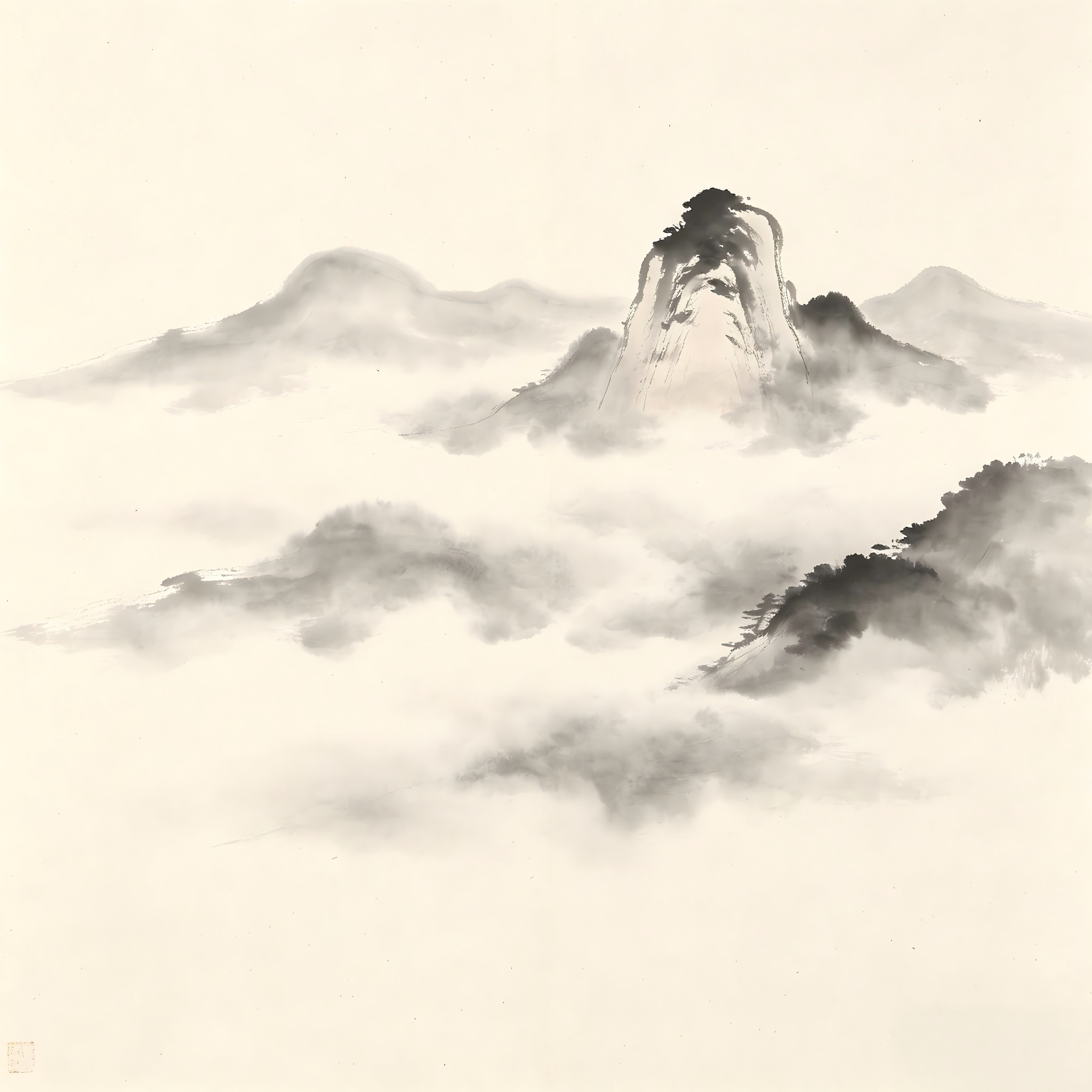 Mountain mist and distant peaks in traditional Chinese ink wash painting