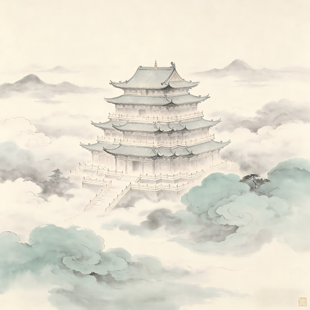 Celestial realm with six ascending heavenly palaces representing the Desire Realm in Taoist cosmology