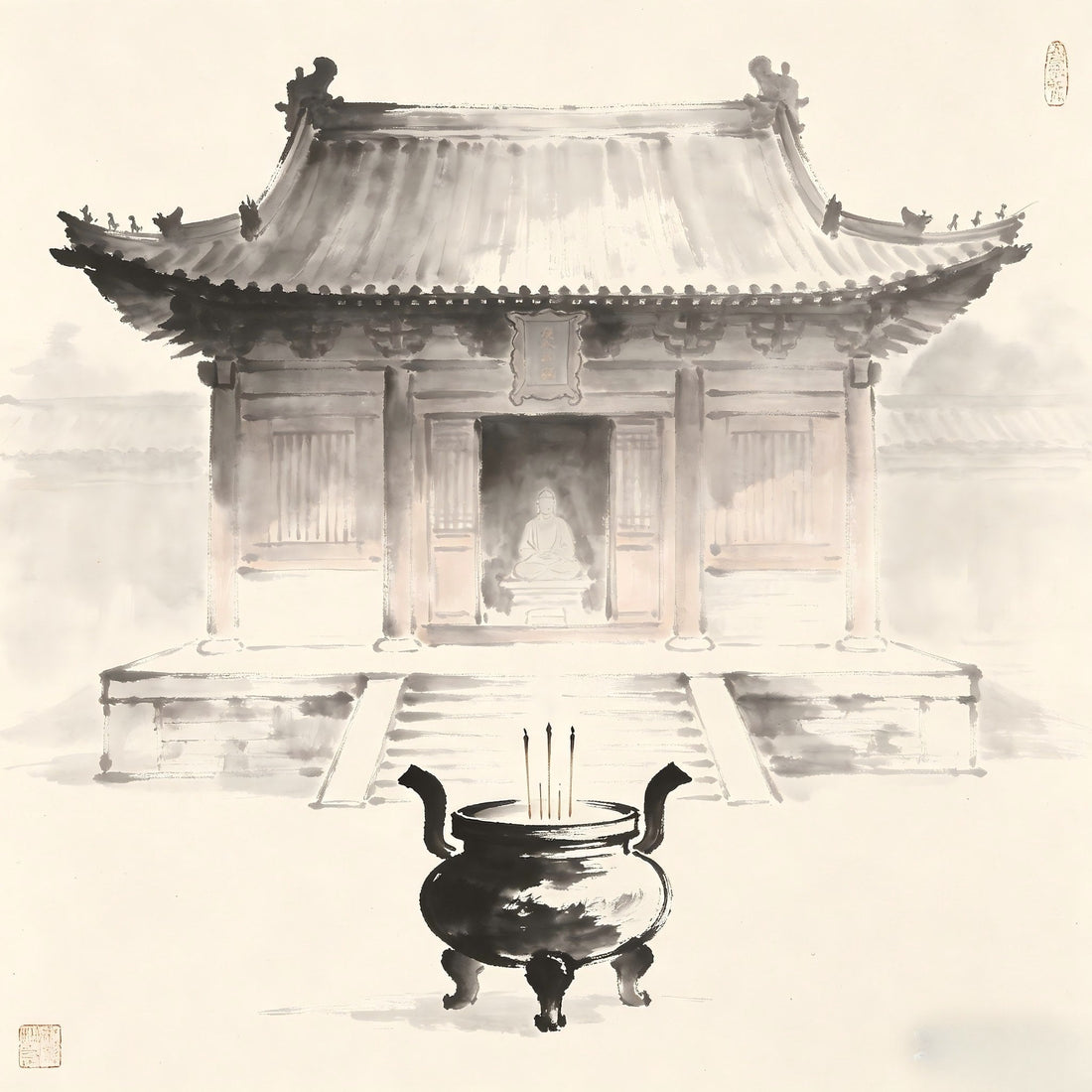 Dian Zhu Taoist temple hall with incense burner ink painting