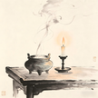 Taoist temple altar with incense burner and candles in traditional ink wash style
