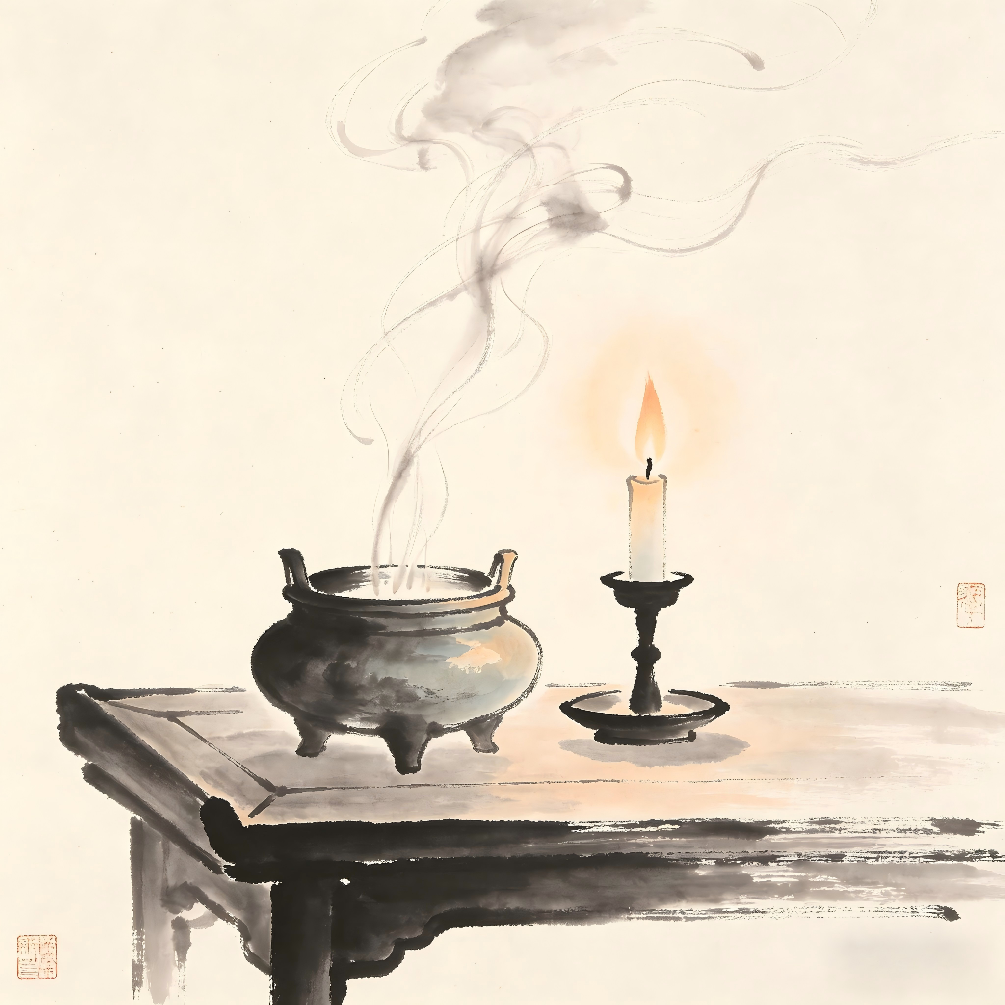 Taoist temple altar with incense burner and candles in traditional ink wash style
