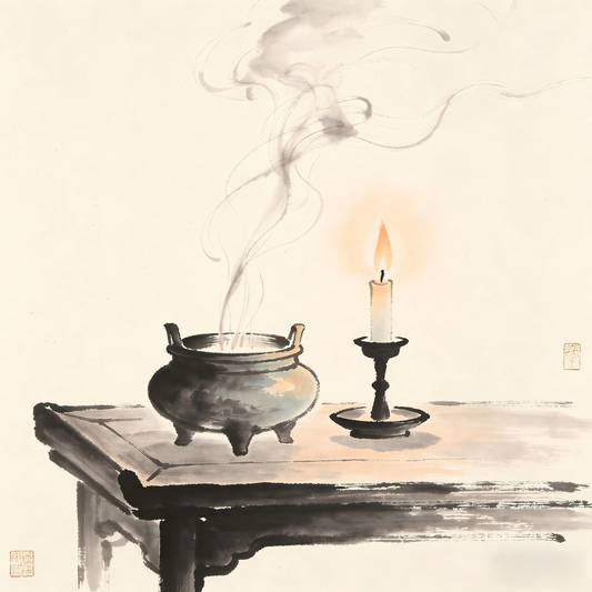 Taoist temple altar with incense burner and candles in traditional ink wash style
