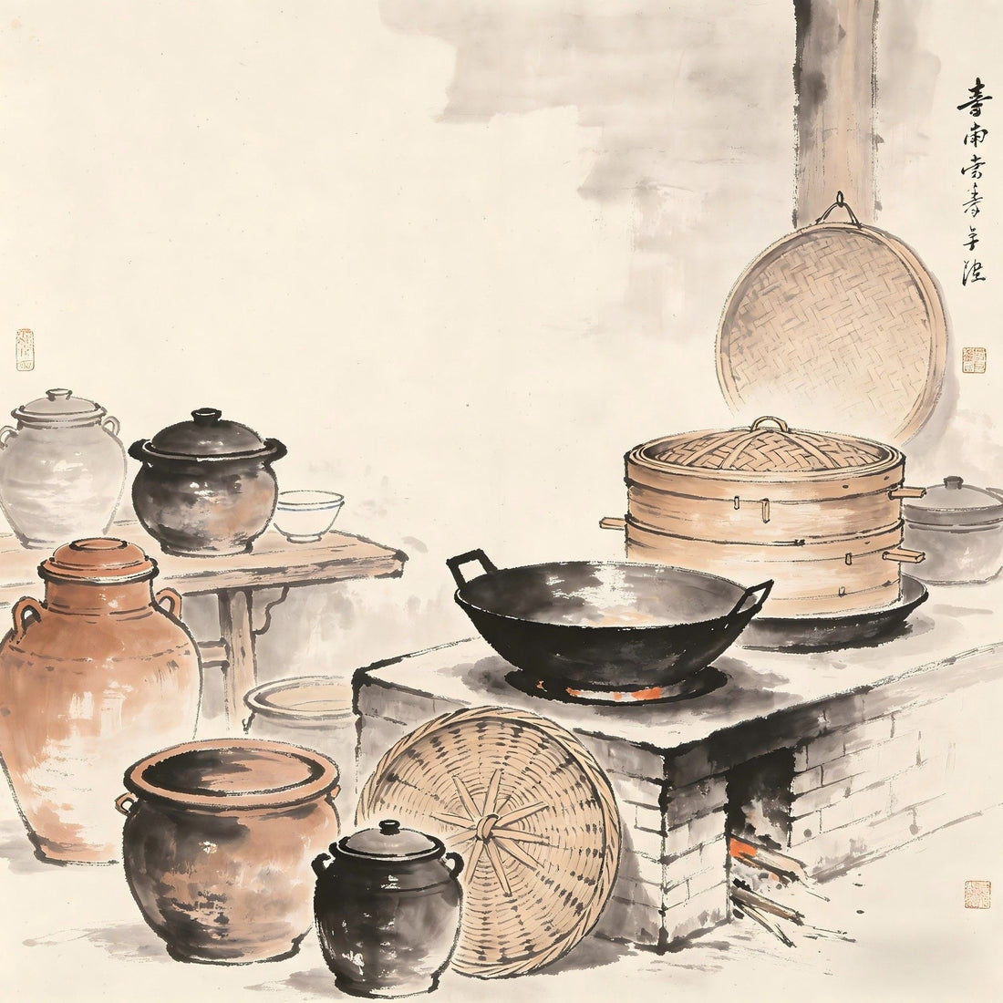 Du Chu Taoist monastery kitchen with cooking vessels ink painting