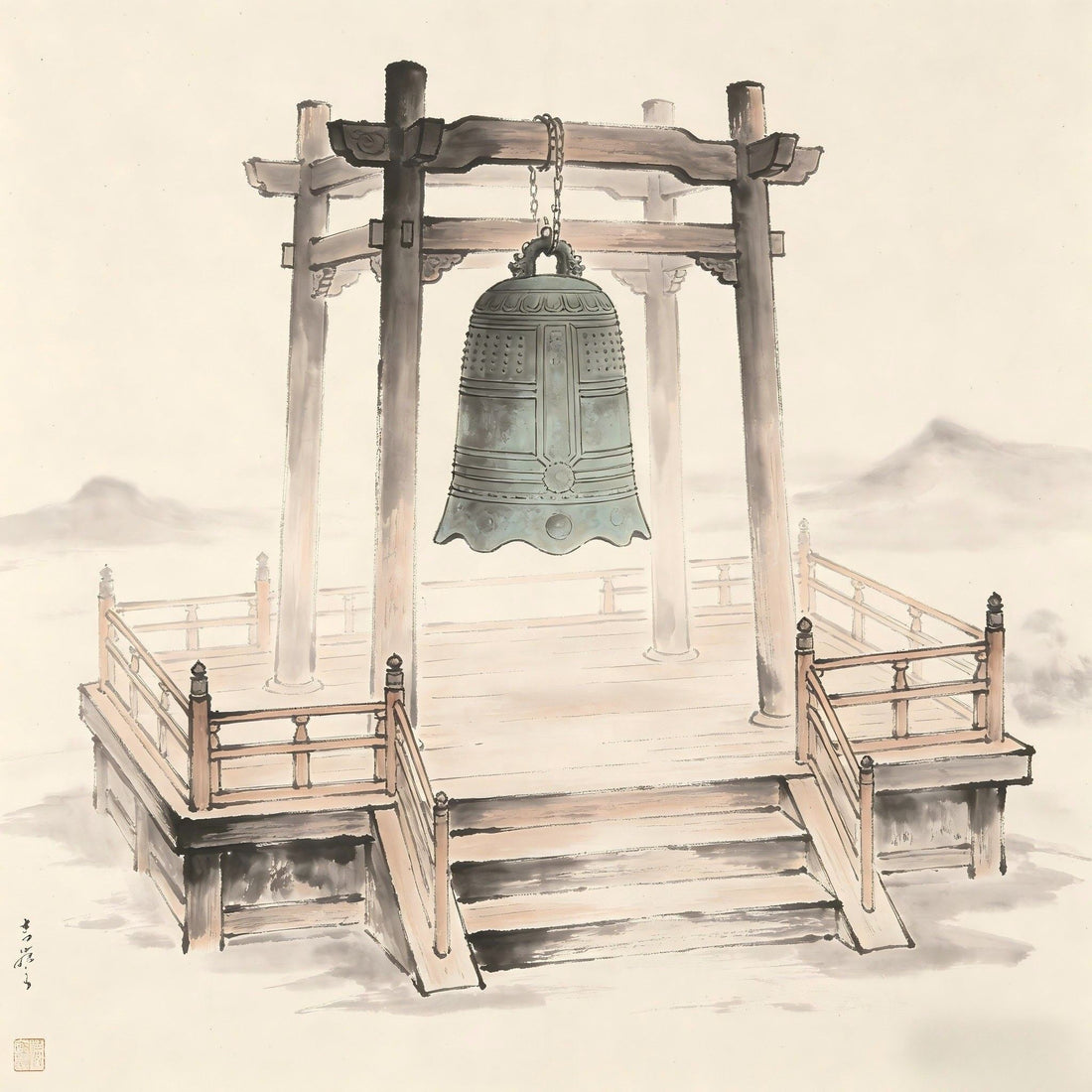 Du Jiang Taoist ritual chanting platform with bell ink painting
