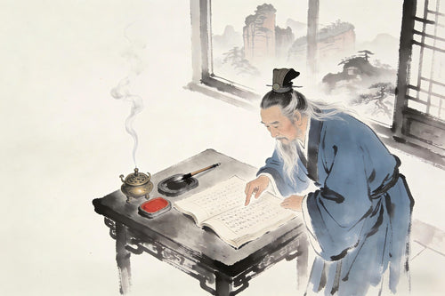 Taoist priest studying the Eleven Aspirations scripture scroll