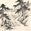 Taoist temple mountain gate with stone pillars in traditional ink wash painting