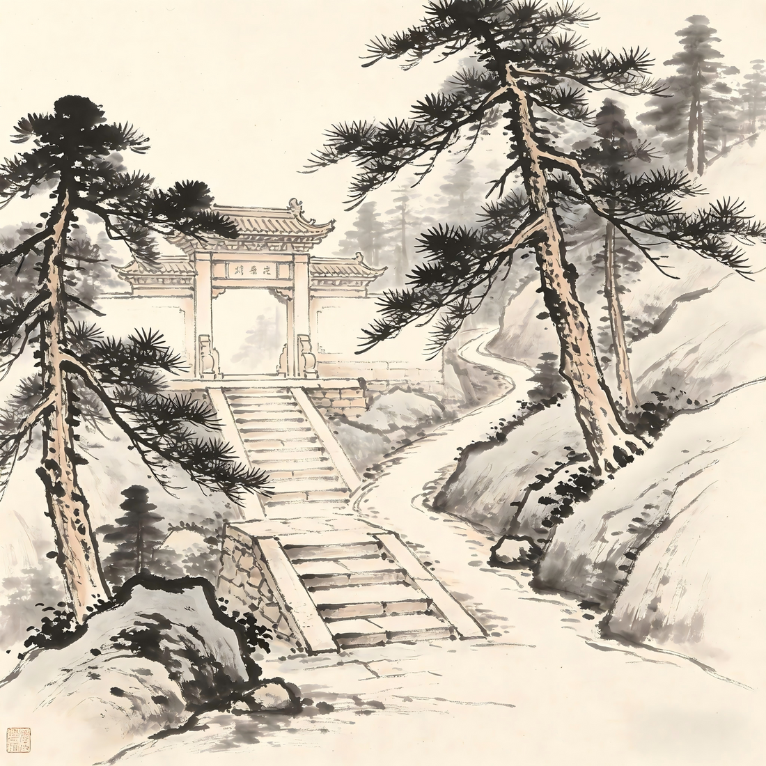 Taoist temple mountain gate with stone pillars in traditional ink wash painting