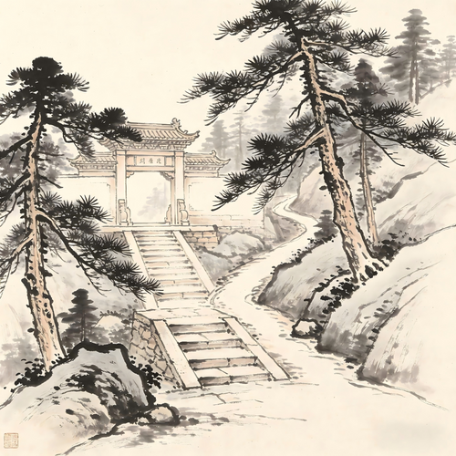Taoist temple mountain gate with stone pillars in traditional ink wash painting