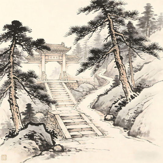 Taoist temple mountain gate with stone pillars in traditional ink wash painting