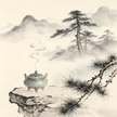 Taoist ritual ceremony setting with incense and altar in ink wash painting