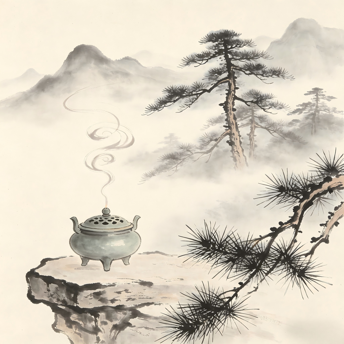 Taoist ritual ceremony setting with incense and altar in ink wash painting