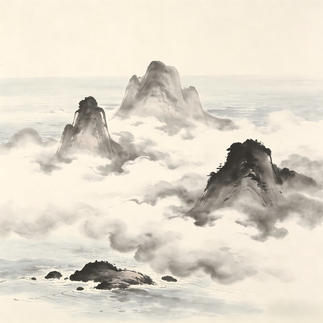 Three mythical island-mountains emerging from sea mist in Chinese ink painting